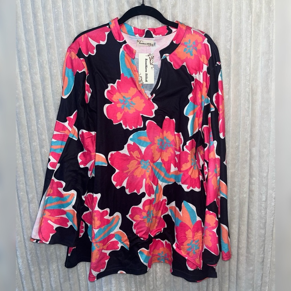 Women's Floral Tunic Top - Black with Pink & Teal Accents